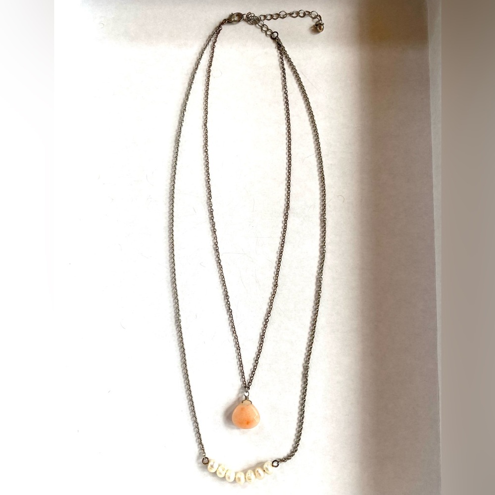Elegant Double peach and pearls silver chain   Necklace